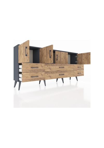 Arges Konsol 3 Raflı 6 Çekmeceli 4 Kapaklı 176x30x83 Antrasit-çam/çam Çam/çam Arges Konsol 3 Raflı 6 Çekmeceli 4 Kapaklı 176x30x83 Antrasit-çam/çam Çam/çam