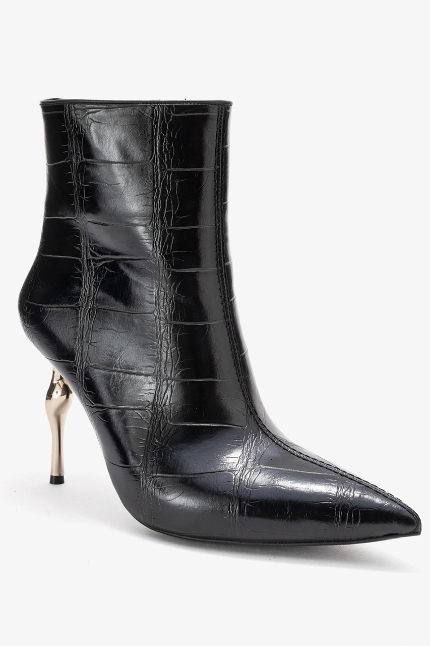 Luvishoes Luvi Shoes Crısta Siyah Baskı Sivri Burunlu Kadın Topuklu Bot Siyah Kroko