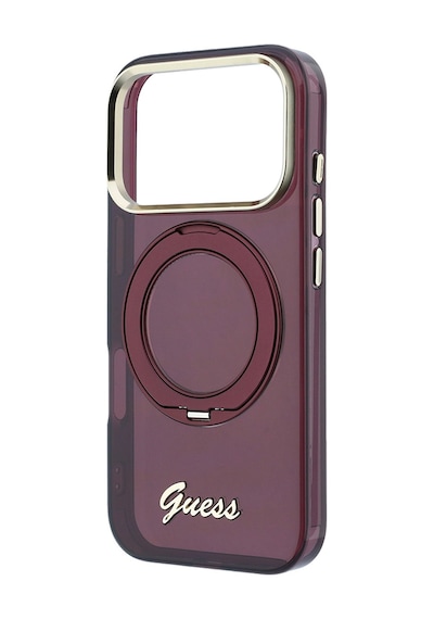 Apple iPhone Uyumlu 18 Pro Kılıf Guess Lisanslı M-safeli Dönebilen Standlı Metal Yazı Logolu Silikon Kapak Bordo