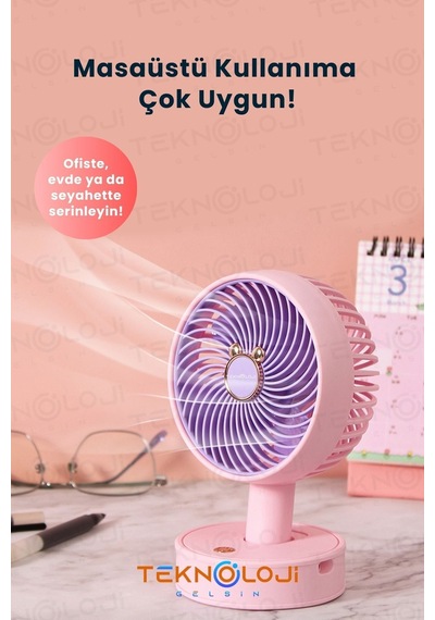 Masaüstü Mini Fan Vantilatör Teleskopik Ayarlanabilir Taşınabilir El Fanı Şarjlı 3 Kademe Soğutucu