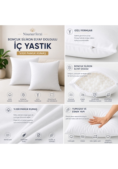 Nisanur-home %100 Pamuk Kumaş Boncuk Silikon Elyaf Dolgulu Gizli Fermuarlı İç Yastık 43 x 43