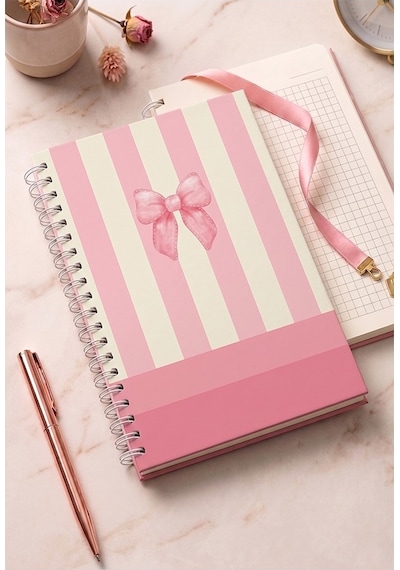Kurdele Desenli Pembe Sert Kapak Spiralli Kareli Defter 17x24cm 120 Yaprak 1 Adet Not Defteri Okul Büro Ofis Defteri