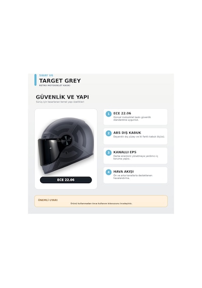 Sway V6 Full Face Retro Kask Siyah Vizör Target Grey
