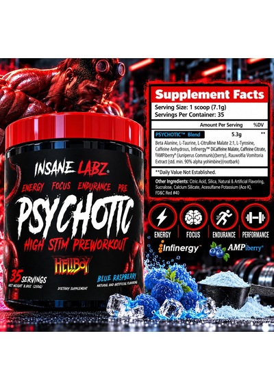 Insane Labz Psychotic Preworkout And Insane Amino Bcaa Recovery Time, Blue Raspberry 35 Servis Aromalı