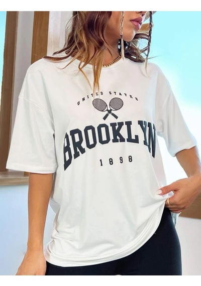 Beyaz Oversize Brooklyn Rocet Baskılı Tshırt Beyaz