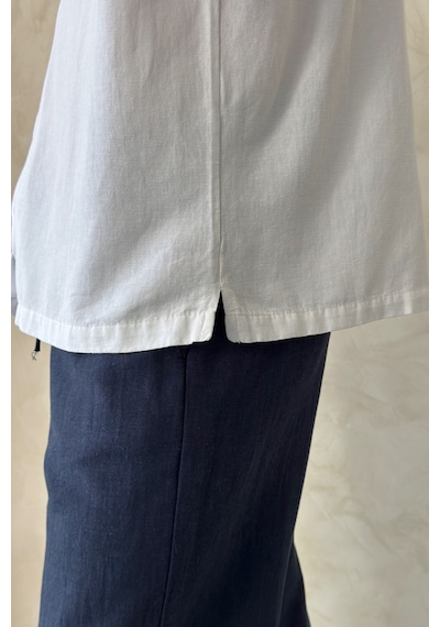 Erkek Oversize Apaş Yaka Kısa Kollu Keten Gömlek Beyaz
