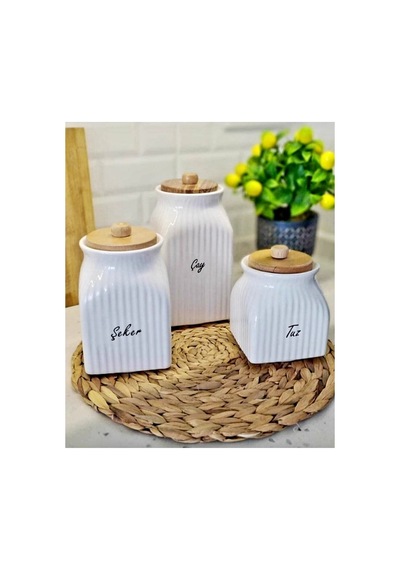 3 Lu Porselen Çay Şeker Tuz Saklama Kavanoz Seti Baharat Takımı 1000ml 750ml 500ml Beyaz Beyaz