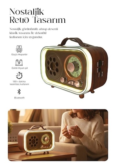 Renkli Aydınlatmalı Taşınabilir Nostaljik Bluetooth Hoparlör Usb Tf Aux Fm/am/sw Radyo