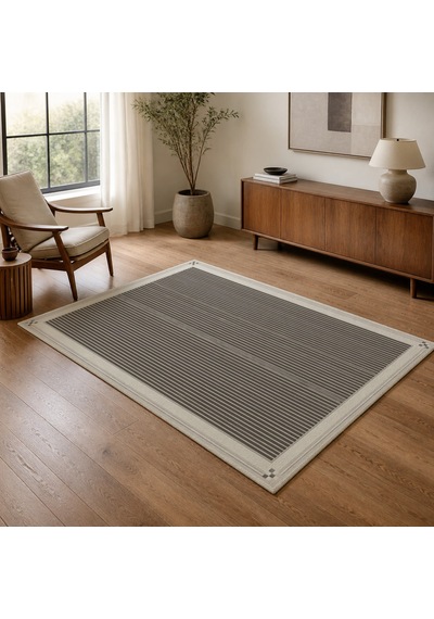 Kartela Halı İnce Çizgili Bordürlü Halı Açık Gri Kaymaz Taban Makinede Yıkanabilir 160x240 Cm