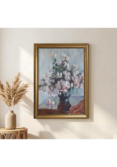 Gold Çerçeveli Nostaljik Vazoda Monet Kasımpatı Çiçekleri Tablosu - Lüx Salon Tablosu