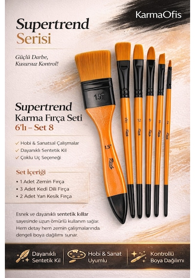 Supertrend Karma Fırça Seti 6 Lı Set 8 Zemin, Kedi Dili Ve Yan Kesik Uçlu Profesyonel Boya Fırçası