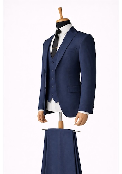 Erkek İtalyan Kesim Slim Fit Yelekli Takım Elbise - 7503 Lacivert