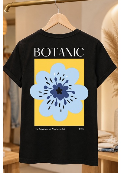 Spoyi Botanic Tasarımlı %100 Pamuk Yarım Oversize Siyah T-shirt