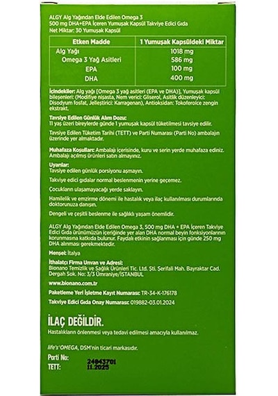 Algy Omega 3 Vegan 500 Mg Dha + Epa 30 Yumuşak Kapsül 3 x 30 Kapsül