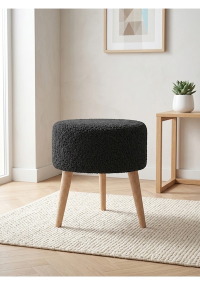 Antrasit Welsoft Kumaş Yuvarlak Puf Ahşap Ayaklı Demonte Modern Puf Tabure 40x42 Cm