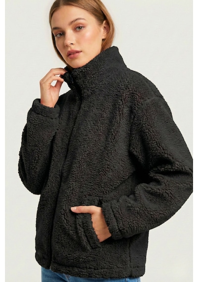 Kadın Peluş Tam Fermuarlı Cepli Sherpa Kuzu Kumaş Oversize Peluş Polar Sweatshirt Siyah Kadın Peluş Tam Fermuarlı Cepli Sherpa Kuzu Kumaş Oversize Peluş Polar Sweatshirt Siyah