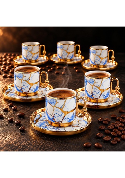 Valkyrie 12 Parça 6 Kişilik 80 Ml Türk Kahvesi Fincan Takımı Mavi Gold Mermer Desenli K653 Mavi