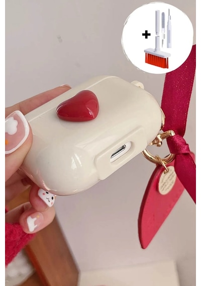 Apple Uyumlu AirPods Pro 1. / 2. Nesil İle Kılıf Kalp Leopar Taş Kiraz Desenli Fiyok Tutmalı Kılıflar Kırmızı