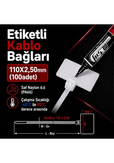 110x2.50mm Etiketli Kablo Bağları-100 Adet 110x2.50mm 100 Adet