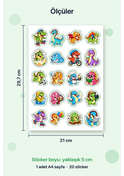 Dinozorlar İş Başında 20 Adet Mini Dinozor Sticker Çıkartma A4 Kırtasiye Etiketi Çok Renkli