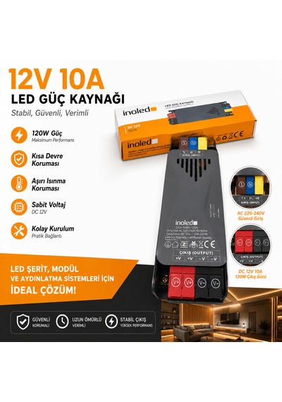 İnoled 1204 - 10a 120w 12v Led Güç Kaynağı Kısa Devre Korumalı Adaptör Şerit Led Trafo 220v Ac 12v Dc Dönüştürücü Yüksek Verimli, Güvenli, Uzun Ömürlü Led Trafo 10 A