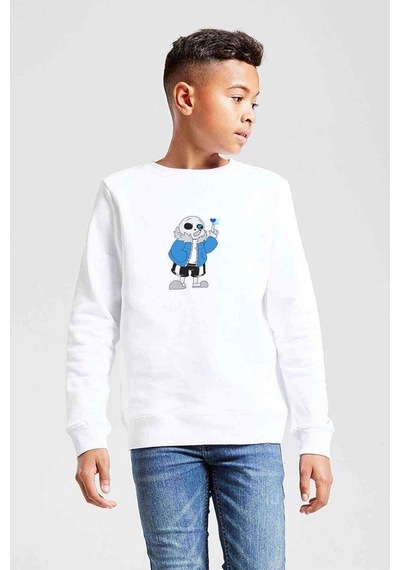 Tshirthane Undertale Sans Baskılı Unisex Çocuk Beyaz Sweatshirt Beyaz