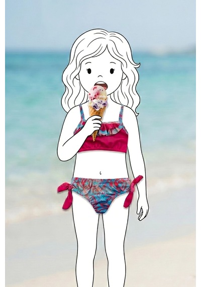 Zuzunga Kız Çocuk Renkli Tropik Desen Bikini Takımı Fuşya-mavi