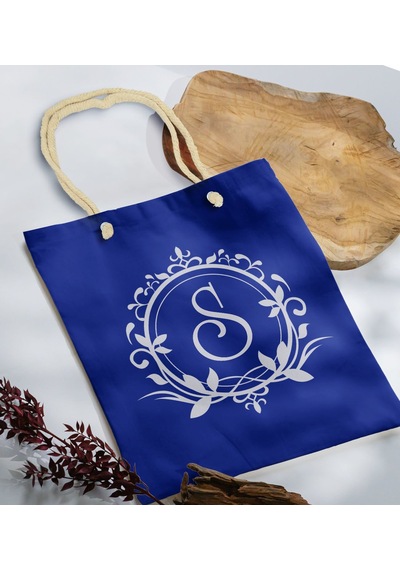 Bk Gift Kişiye Özel Harfli Saks Mavi Halat Saplı Kumaş Bez Çanta-3, Baskılı Omuz Çantası, Alışveriş Çantası