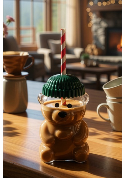 Snippy Bear - Cam Ayıcık Bardak Pipetli Kahve Bardağı Barista İçecek Bardağı 550 Ml Şeffaf