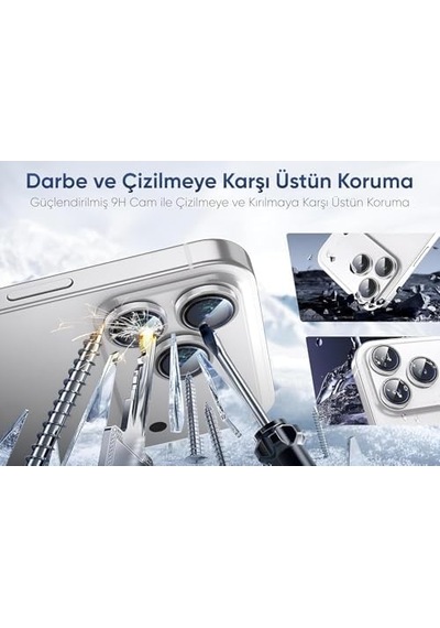 İphone 16 Pro Max Uyumlu Kamera Lens Koruyucu, 9h Temperli Cam Metal Çerçeve Koruma Halkası, Safir Hd Berraklık Gümüş Renk, 3&apos Lü Set 50 x 22