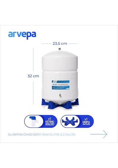 Arvepa Su Arıtma Cihazı 8 Litre (2.2 Galon) Çelik Depo Tankı - Uzun Ömürlü (Vana ve Altlık Dahil)
