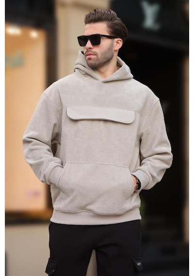 Madmext Boyalı Gri Kapüşonlu Kapaklı Cep Detaylı Polar Erkek Sweatshirt 7097 Gri