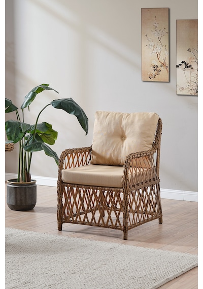 Roma Rattan Bahçe Balkon Takımı 2+1+1 Cam Masalı Kahve Kahverengi