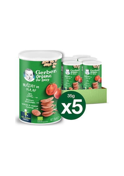 Gerber Organik Buğday ve Yulaflı , Domates, Havuç ve Soğanlı Bebek Atıştırmalığı 35 gr x 5 Adet