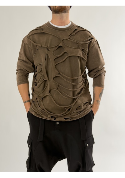 Cocopelli Street Yıkamalı Kahverengi Tasarım Erkek Sweatshirt Coc2648 Kahverengi