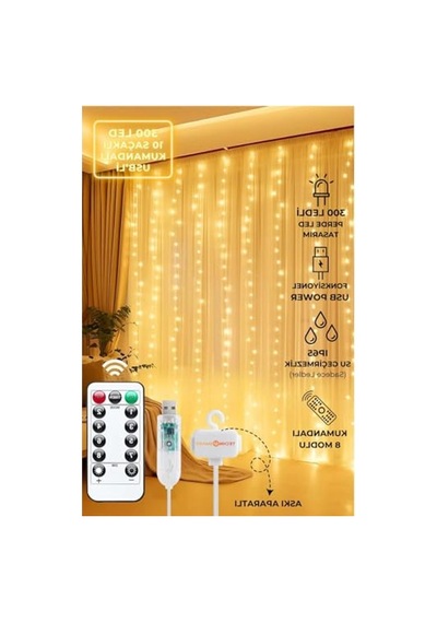 Dekoratif Peri Led Işık - 3x3 Metre 300 Led Ve Uzaktan Kumanda İle