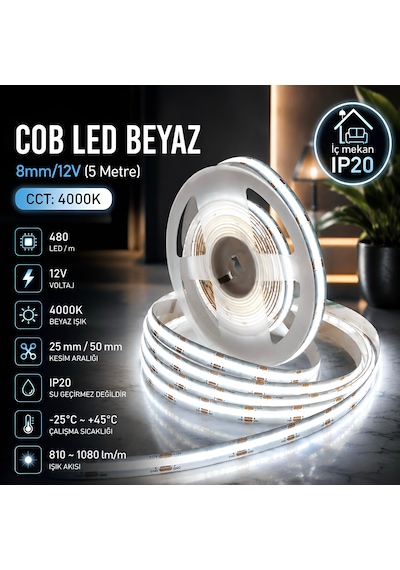 Cob Led Şerit Beyaz 8mm/12v 5m Voltaj: 12v
