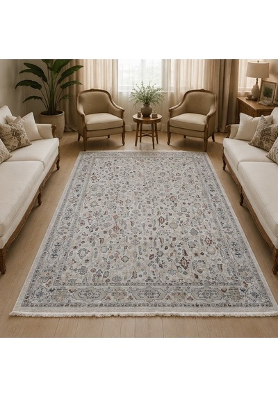 Krem Eskitme Otantik Desenli Saçaklı Polip Tabanlı Modern Halı 200 x 290 CM
