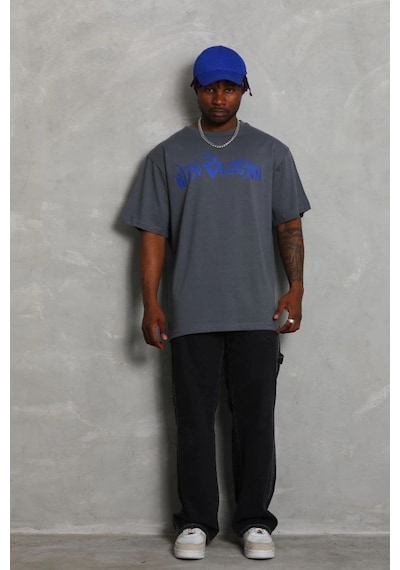 Erkek Baskılı Tişort Kısa Kol Bisiklet Yaka Oversize T-shirt - Füme