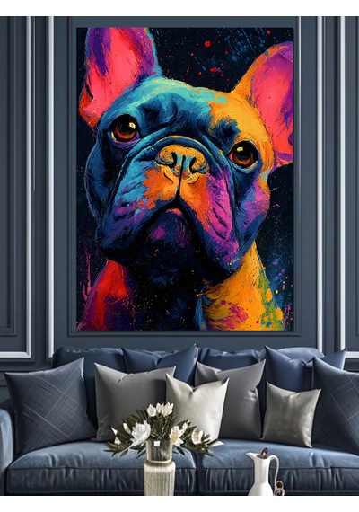 Ahşap Tablo Renkli Fransız Bulldog Köpek