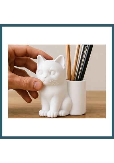 Bezos 3d Baskı Kedi Figürlü Kalemlik - Masaüstü Organizer - Beyaz Ob