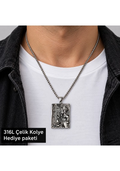 316l Çelik Erkek Kolye Kabartma Figürlü Dikdörtgen Plaka Uçlu Zincirli Tasarım Altın - Gümüş