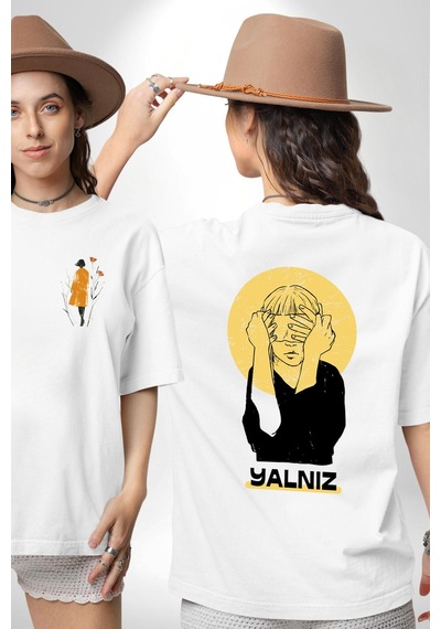 Yalnız Kadına Şiddete Hayır Beyaz Oversize Unisex Ön Ve Sırt Baskılı Tişört Beyaz