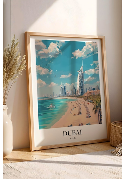Dubai Uae Vintage Seyahat Posteri Çerçeveli Tablo - Premium Burj Al Arab Elit Duvar Dekoru Kayın