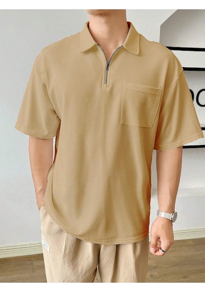 Genius Store Erkek Oversize Polo Yaka Waffle T-shirt Poloyaka-fermuarlı Bej