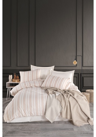 Eponj Home Sport Çizgili Nevresim Takımı Çift Kişilik Soft Line Bej Bej