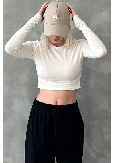 Seeh Ekru Bisiklet Yaka Uzun Kollu Kadın Top Body Sh216