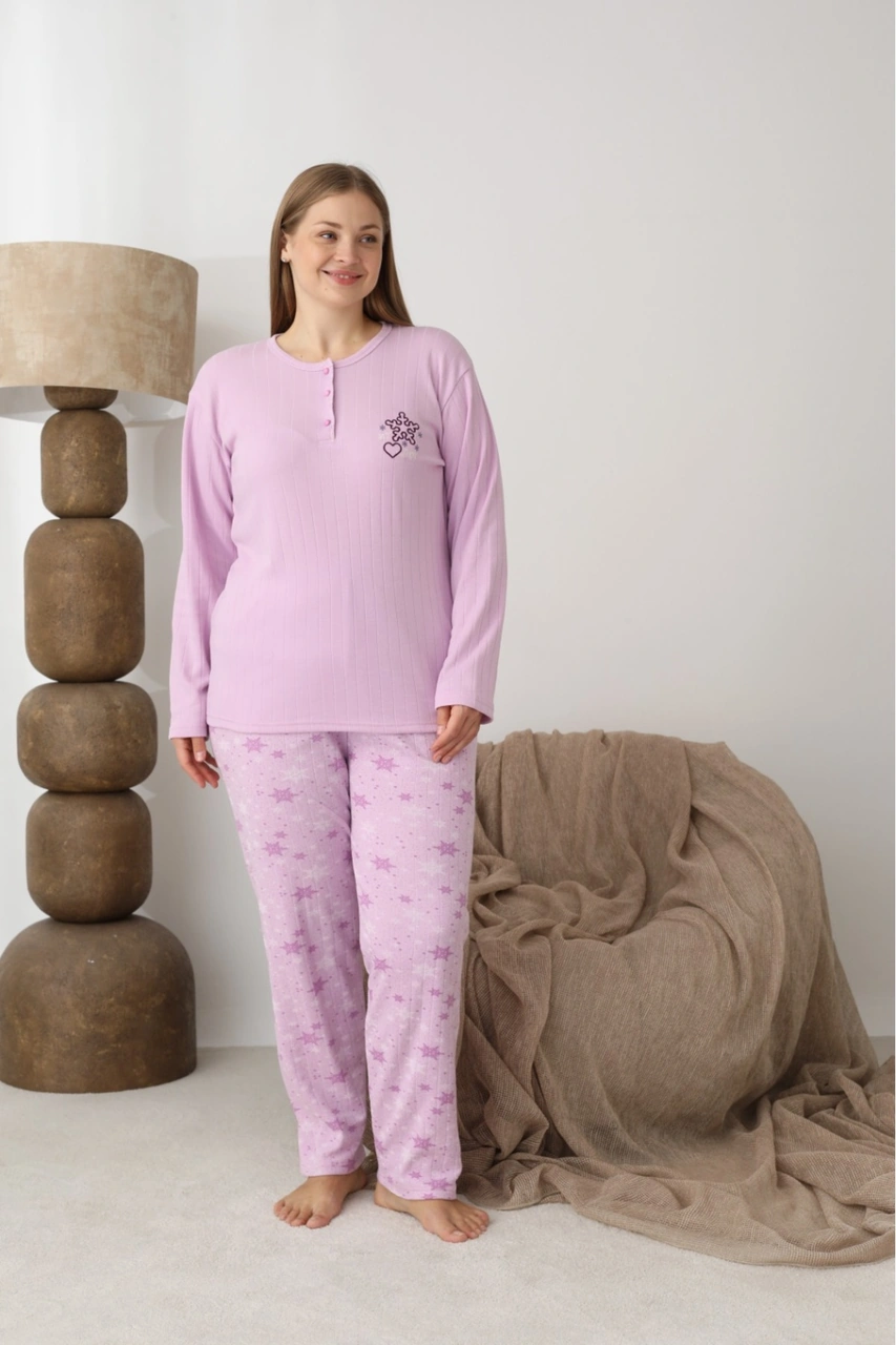 Lukitus İnterlok Pamuk Battal Büyük Beden Kadın Pijama Takımı Lila