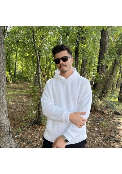 Erkek 3 İplik Basic Oversize Geniş Kesim Kanguru Cepli Kapüşonlu Sweatshirt Beyaz