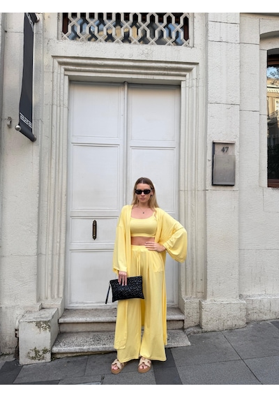Bonacosa Kadın Viskon 3 Lü Takım Kimono + Beli Lastikli Salaş Pantolon + Crop 8 Renk Sarı